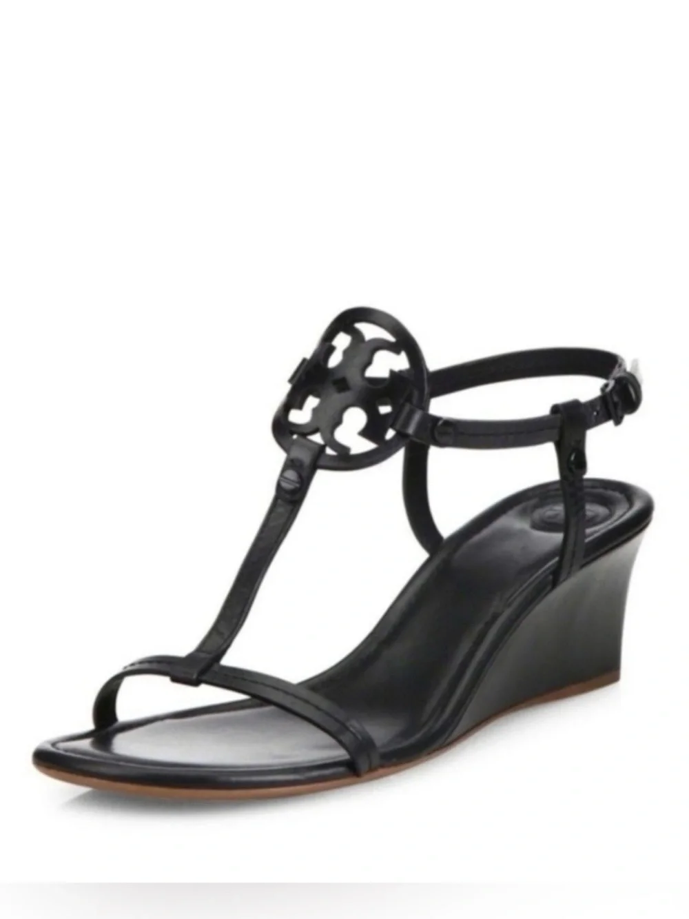 Tory Burch Black Leather Logo T-Strap Wedge Sandals